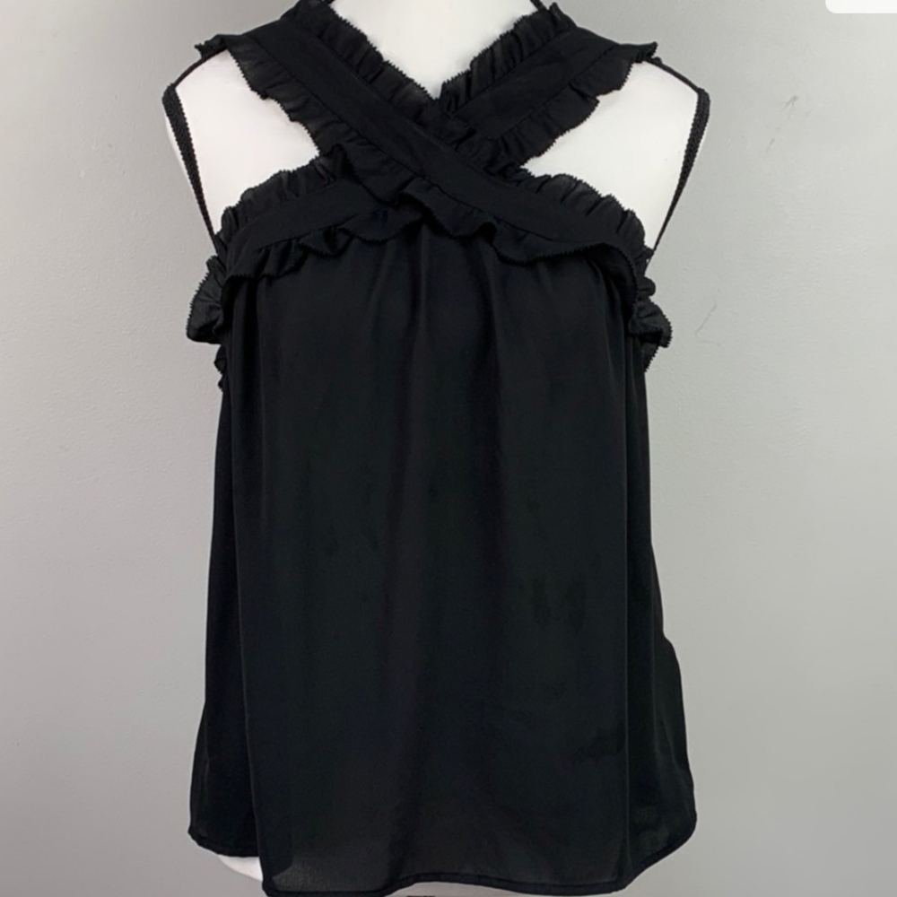 Women’s J. Crew Ruffled Cross Strap Black Blouse/Tank, Size 2